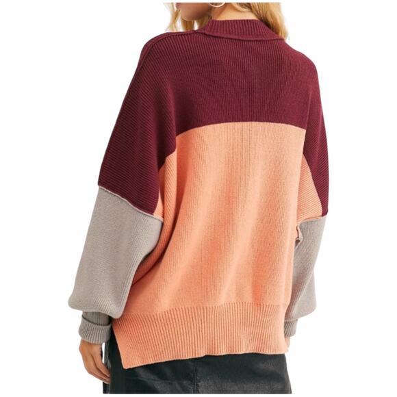 Free People Easy Street Color-Block Sweater Size XS Oversized Maroon Pink Gray - Picture 2 of 12